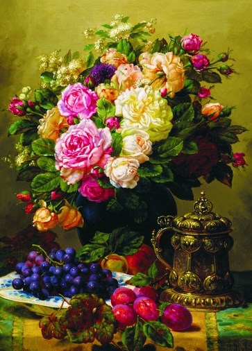Gold Puzzle (60904) - Jean-Baptiste Robie: "Still Life with Roses, Grapes and Plums" - 1000 piezas