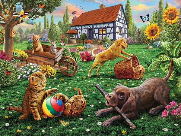 SunsOut (51836) - Adrian Chesterman: "Dogs and Cats at Play" - 500 piezas